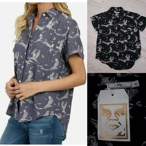 Obey WYATT SHIRT BLACK Multi All Over Bird Design S/S Button Down Junior's women